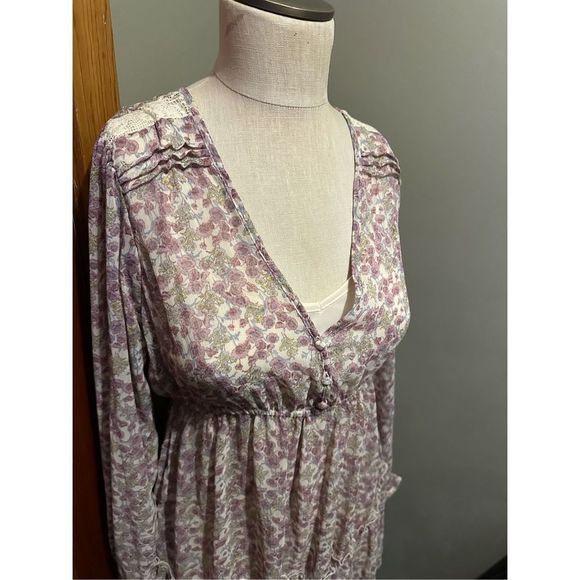 Altard State Womens Bohemian Tunic Dress Empire Waist Semi Sheer Floral Lined M - Picture 2 of 12